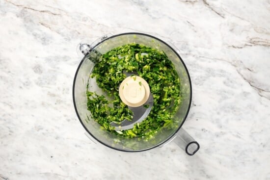 Aromatics for southwest turkey meatballs in mini food processor.