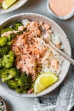 Smashed Salmon Broccoli Rice Bowls (Sheet Pan Dinner)